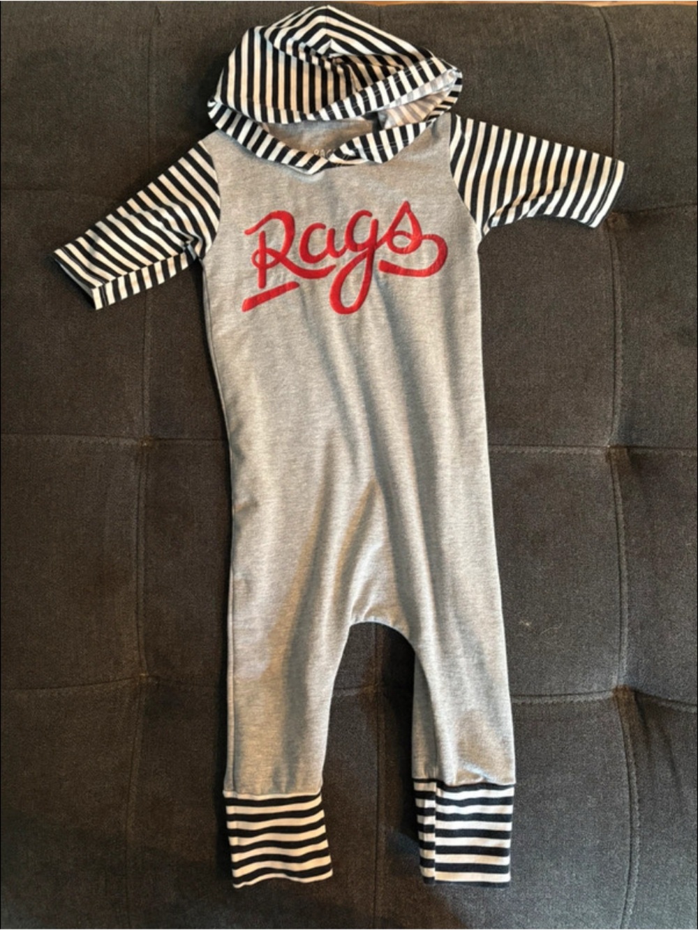Rags to Raches Grey Romper with Navy Stripes and Red Script